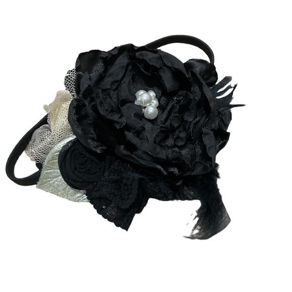 Black ivory and silver one of a kind oversized flower headband bow fascinator - Picture 3 of 6